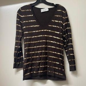 BCBG brown V-neck top with gold sequins